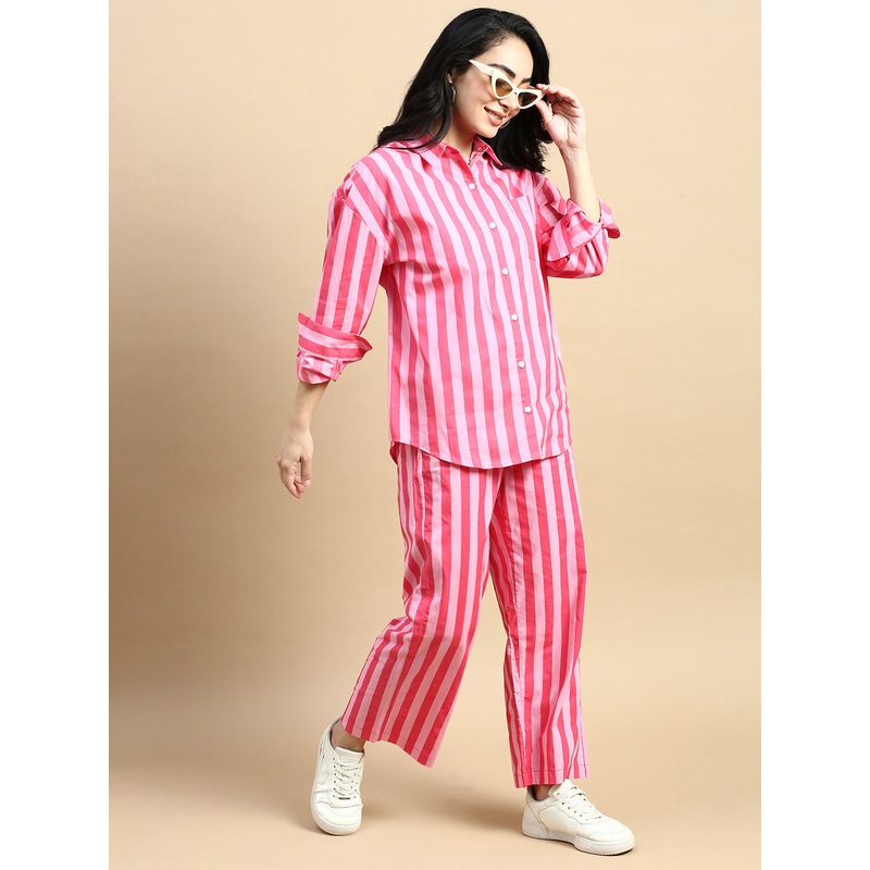 Co-Ord Set Striped (Shirt & Wide Leg Pant)-Pink