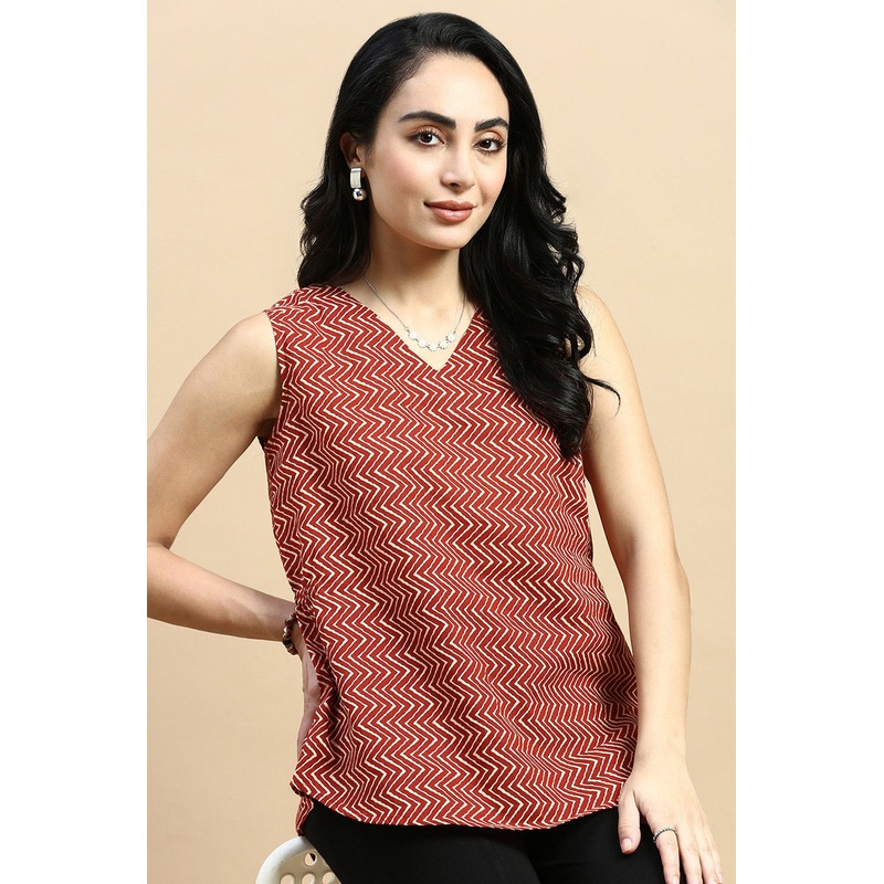 De Moza Women S/L Top Woven Top All Over Print Cotton Brown