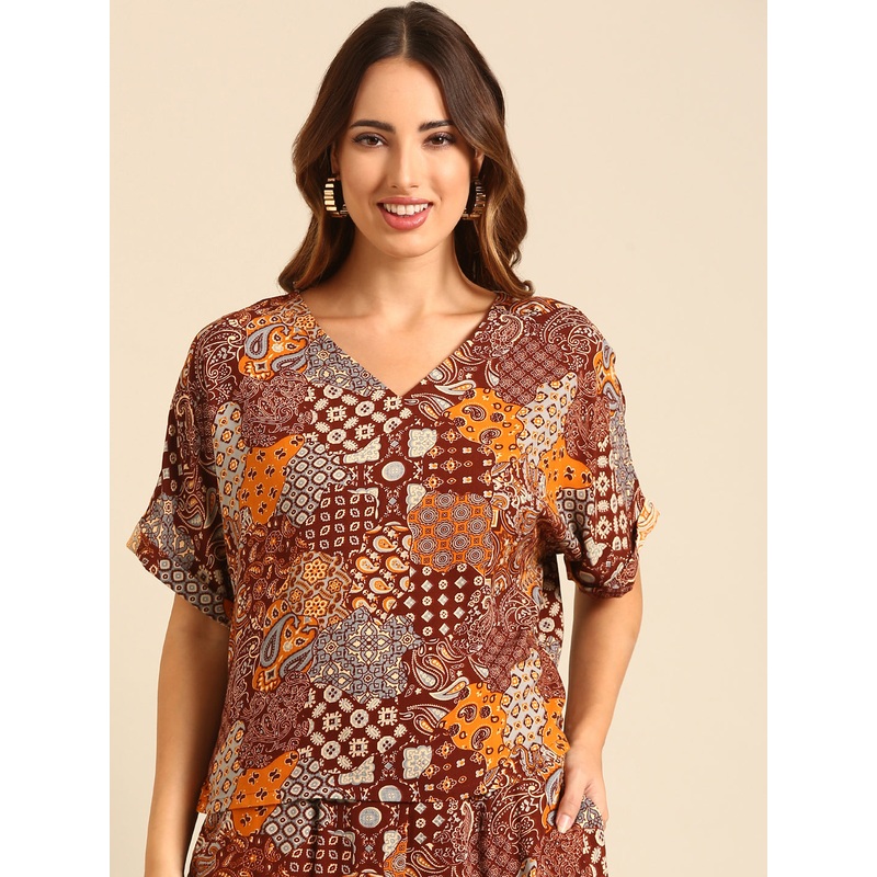 Printed Top-Brown|S|M|L|XL|XXL|Brown|LWTTPAOF19303003