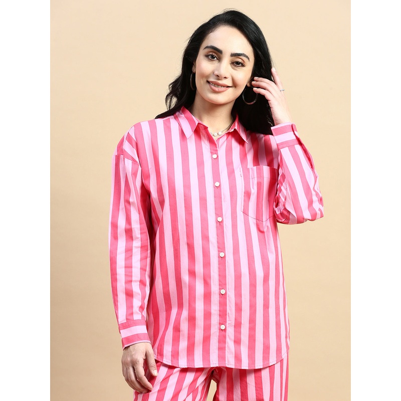 Oversized Stripped Shirt-Pink|S|M|L|XL|XXL|Pink|LWTSHYDF18016053