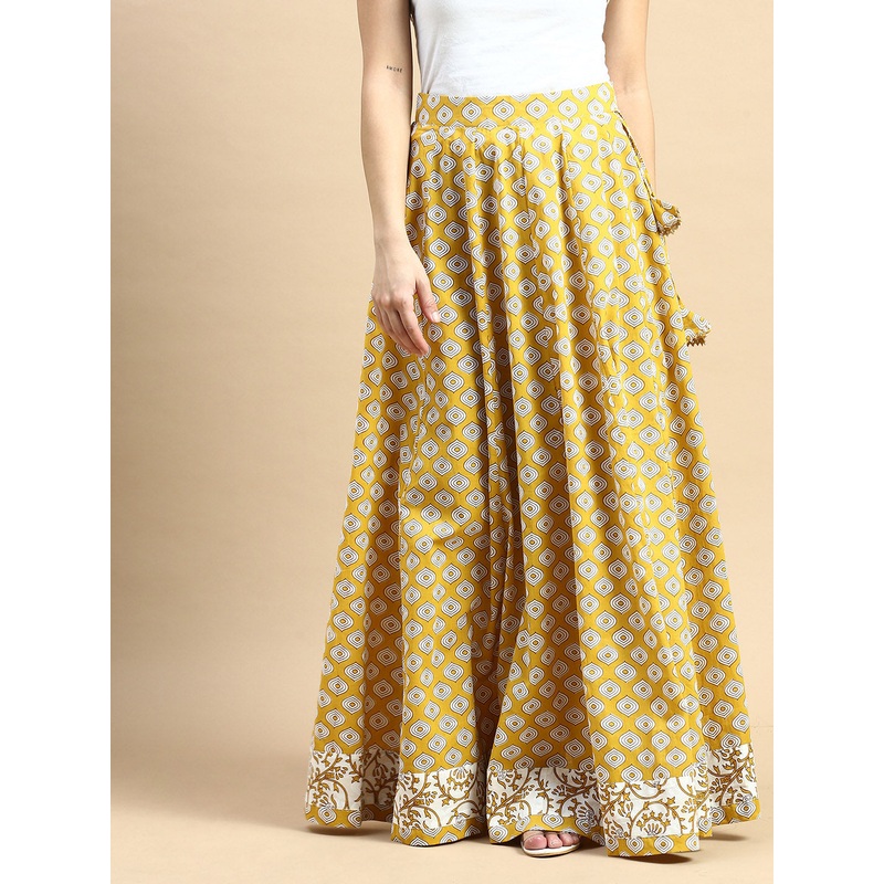 Printed Cotton Skirt-Mustard