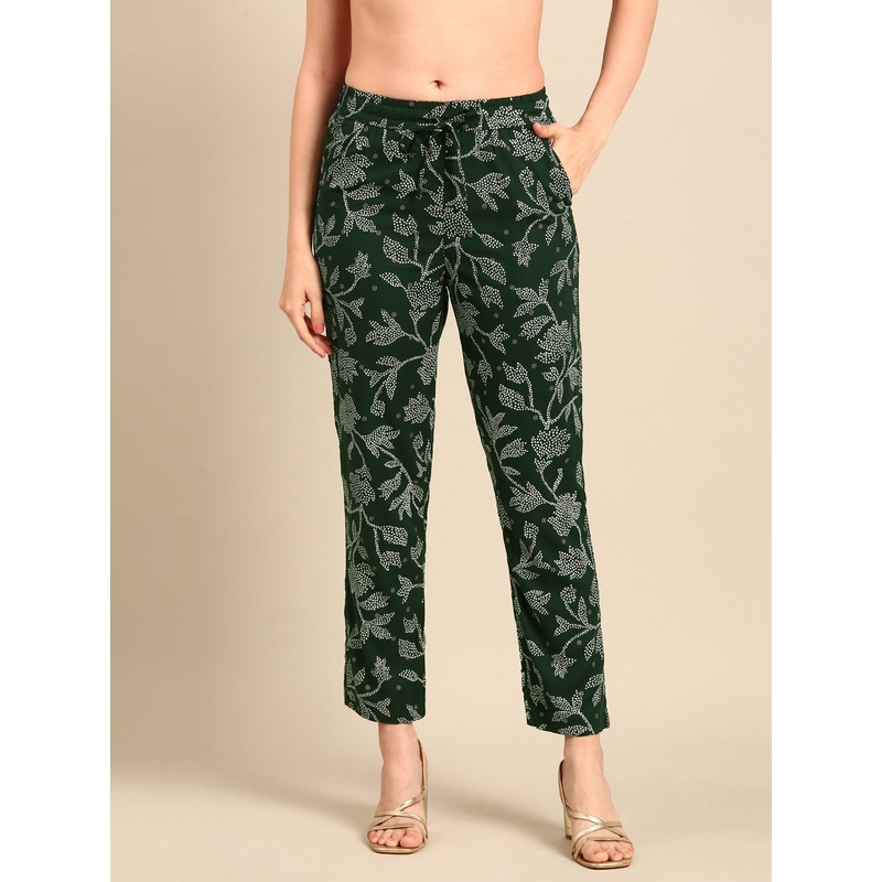 Women Printed Straight Pants Bottle Green
