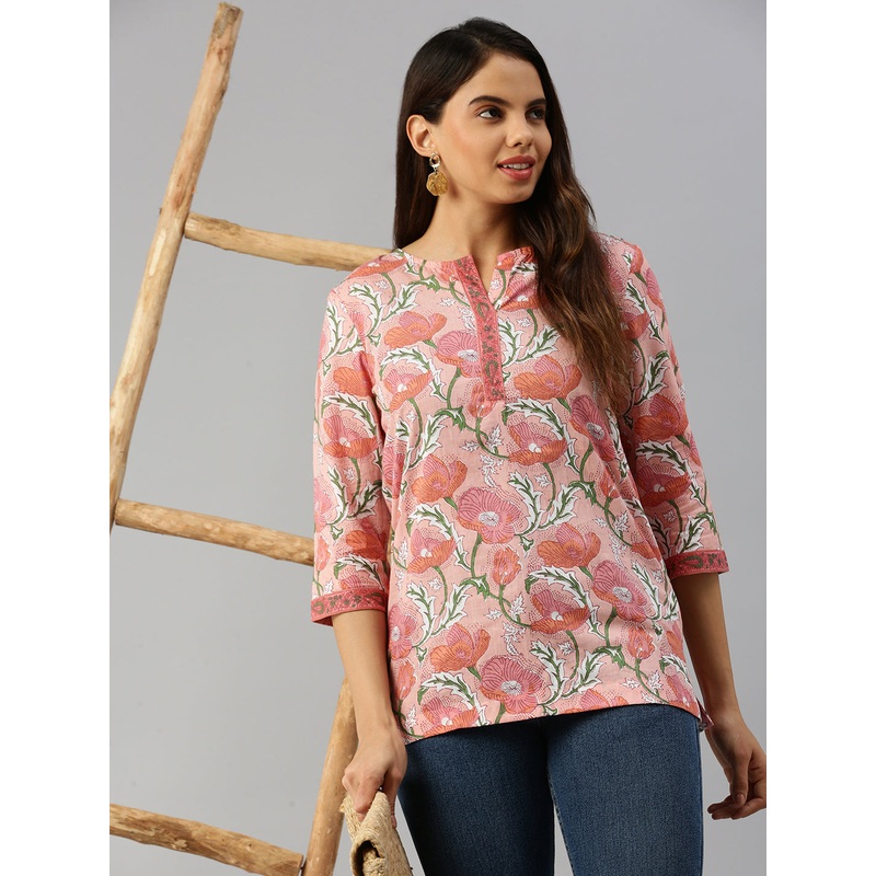 Women Printed Short Kurti Peach