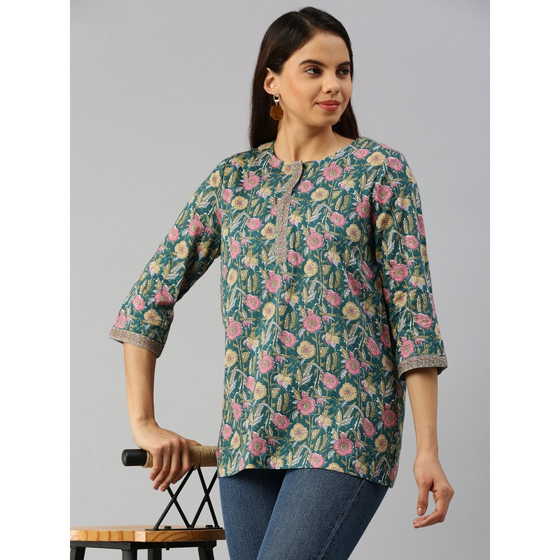 Women Printed Short Kurti Teal
