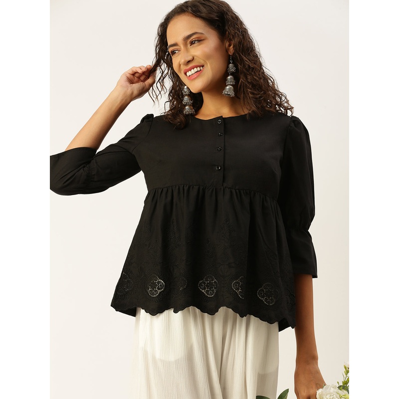 Women  Top  Embroidery Cotton Black