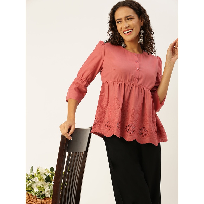 Women  Top  Embroidery Cotton Dark Dusty Pink