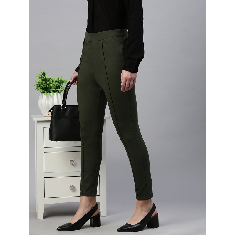 Women Treggings Solid Olive Green