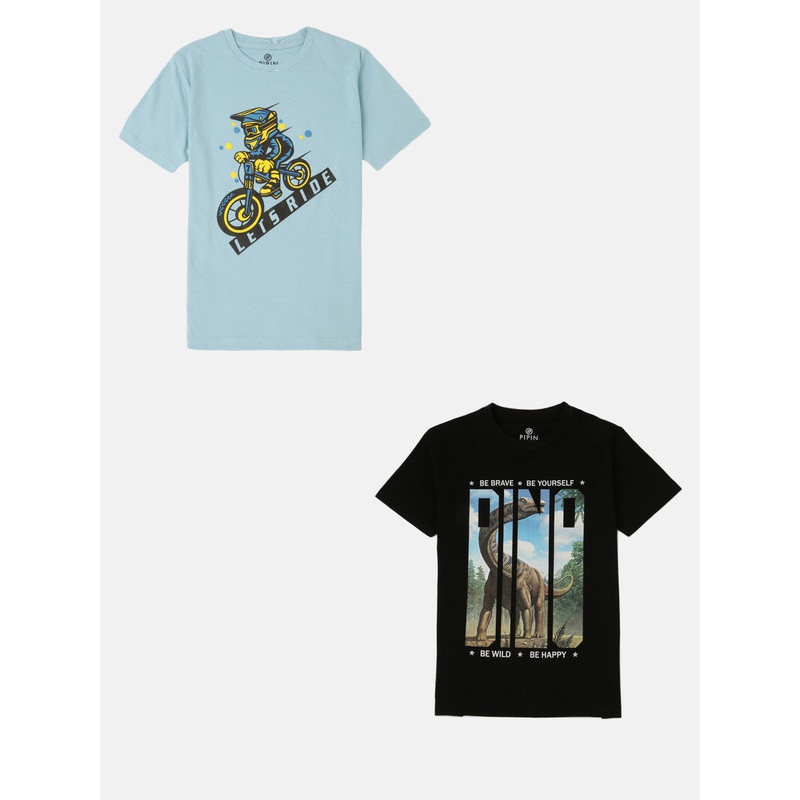Pack of 2 Pipin Boys Printed T-shirts Black & Light Blue