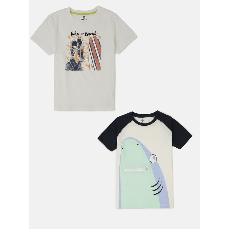 Pack of 2 Pipin Boys Printed T-shirts Dark Blue & Offwhite