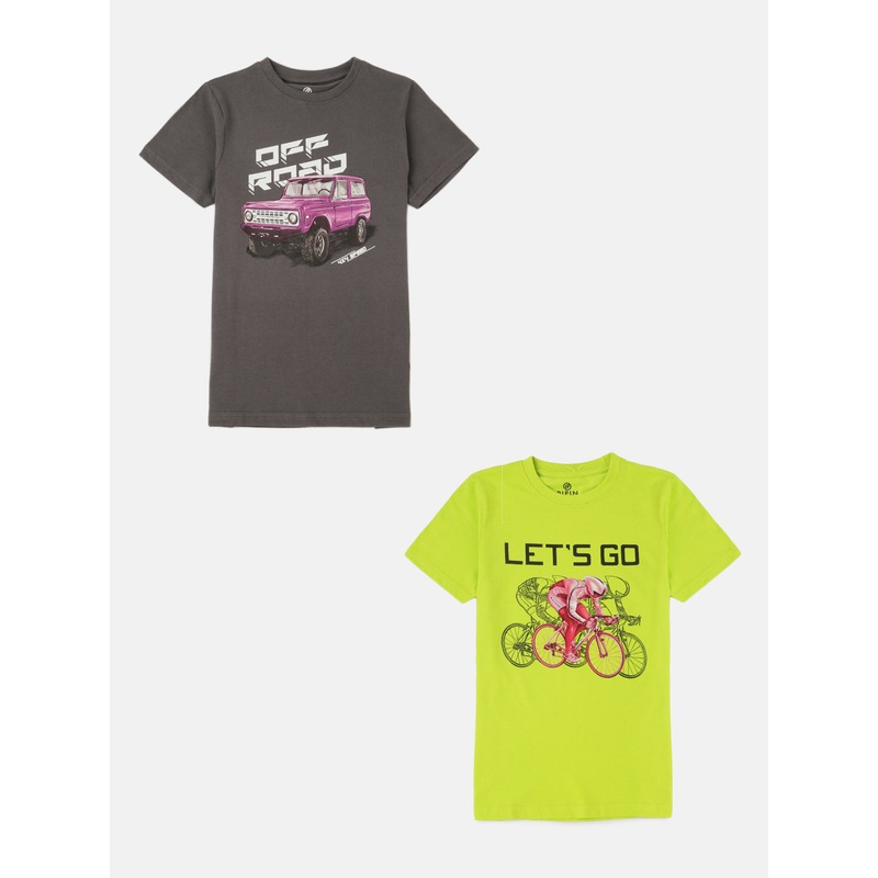 Pack of 2 Pipin Boys Printed T-shirts Lime & Steel Grey