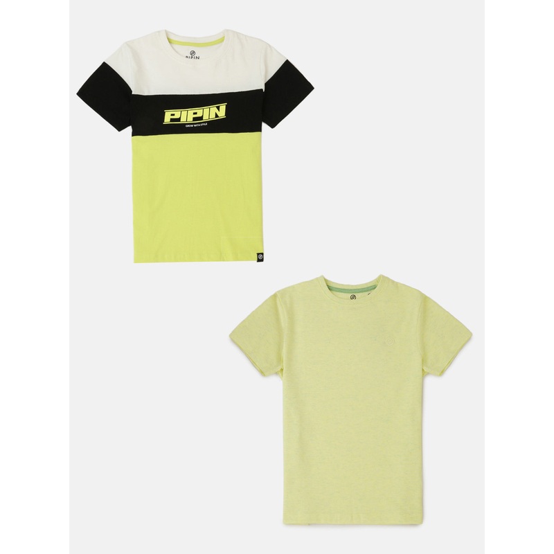 Pack of 2 Pipin Boys Printed T-shirts Neon Yellow Melange & Offwhite