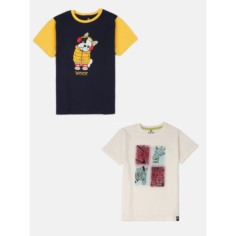 Pack of 2 Pipin Boys Printed T-shirts Offwhite & Deep Blue