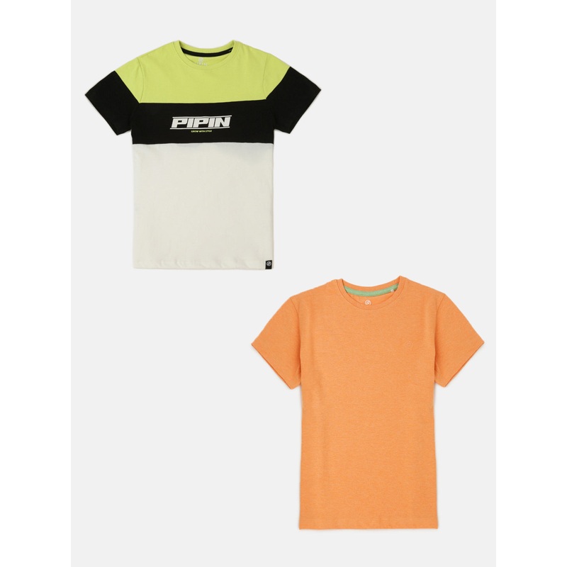 Pack of 2 Pipin Boys Printed T-shirts Orange Melange & Lemon Green
