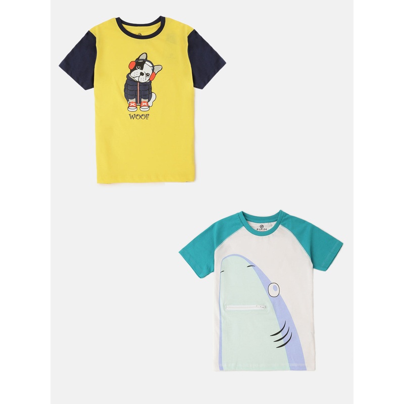 Pack of 2 Pipin Boys Printed T-shirts Teal Green & Yellow