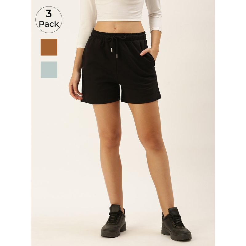 Pack of 3  Womens Shorts Black & Tan & Powder Blue