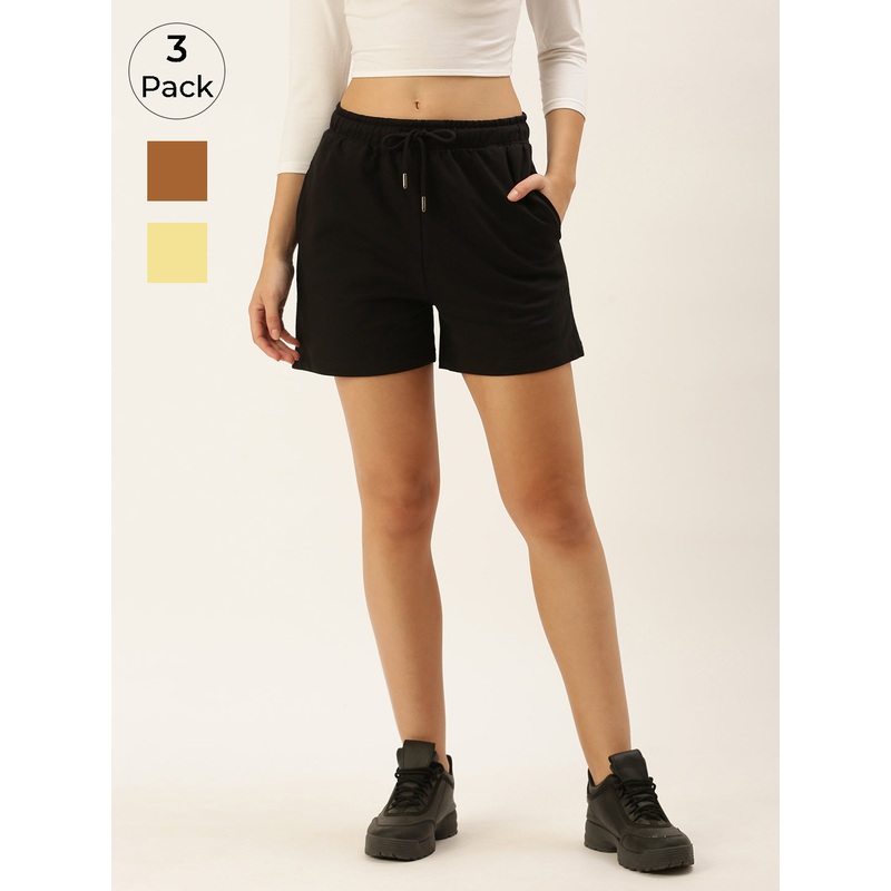 Pack of 3  Womens Shorts Black & Tan & Yellow