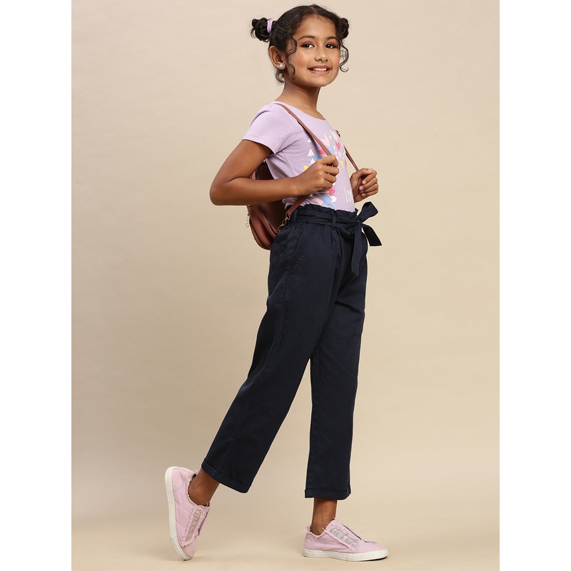PIPIN Girls Paper Bag Pant Solid Cotton Navy Blue
