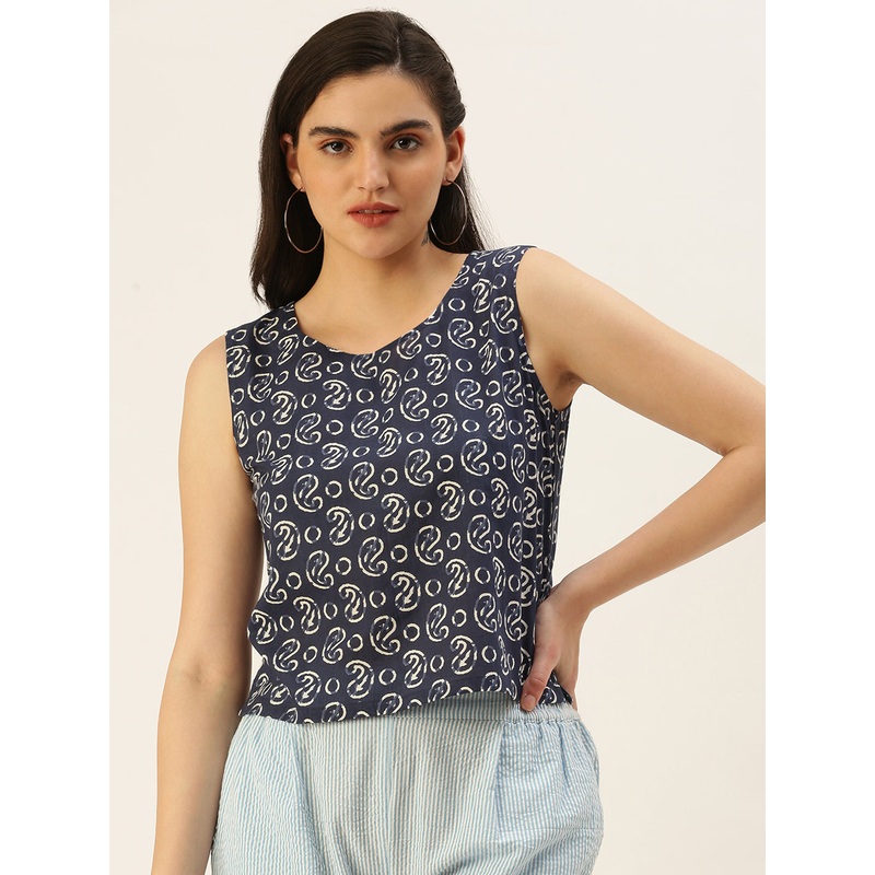 Women Printed Top Cotton Indigo
