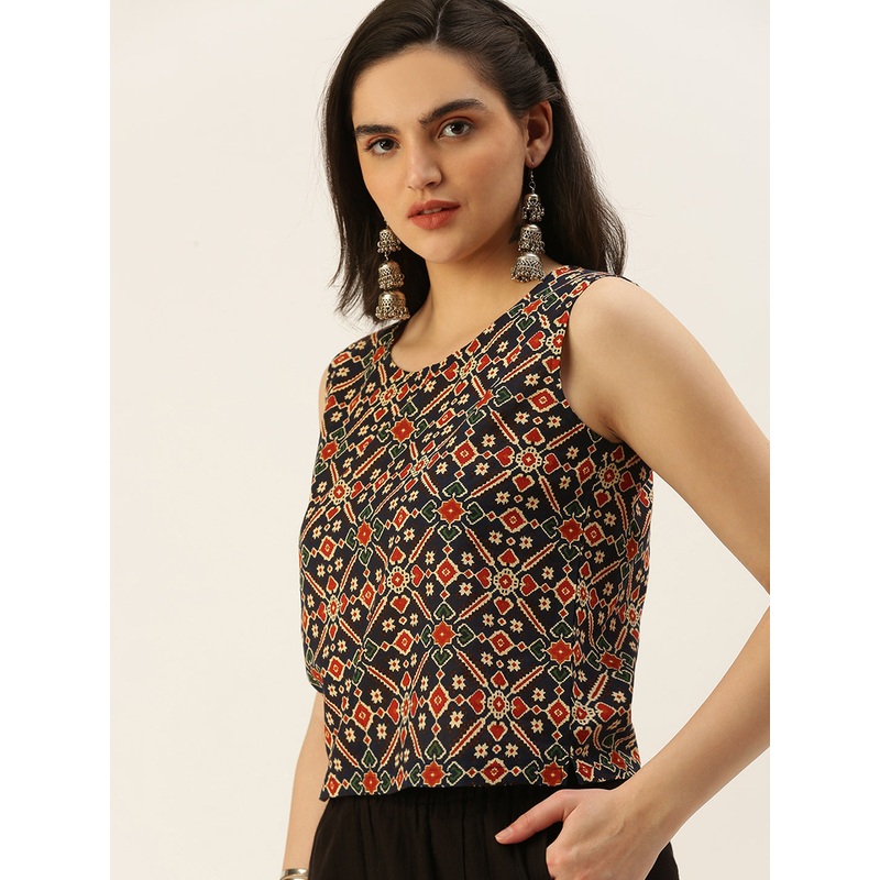 Women Printed Top Cotton Navy Blue