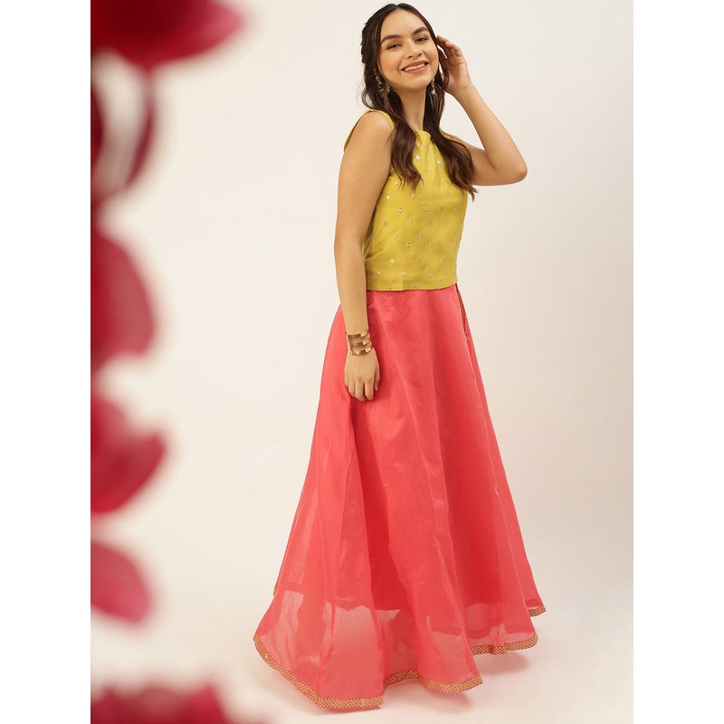 Women’s Co-Ords Sets (Skirt & Blouse) Coral & Lime Yellow