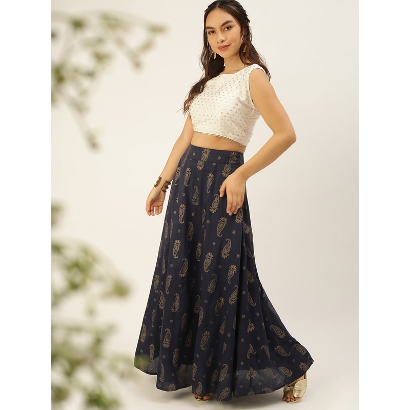 Women’s Co-Ords Sets (Skirt & Blouse) Mid Night Blue & OffWhite