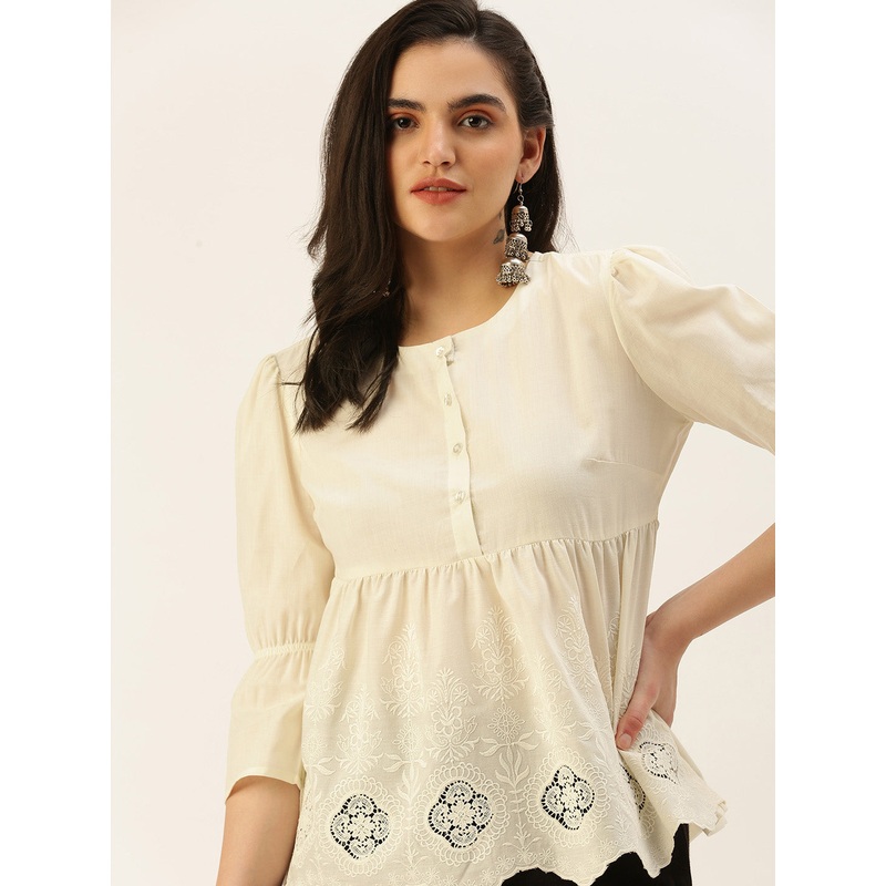 Women Sciffly Top Embroidery Cotton Offwhite