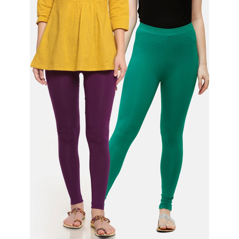 Pack of 2  Ladies Superior Ankle Leggings Dark Purple&Emerald Green
