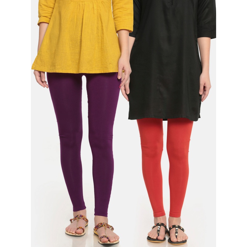 Pack of 2  Ladies Superior Ankle Leggings Dark Purple&Rust Orange