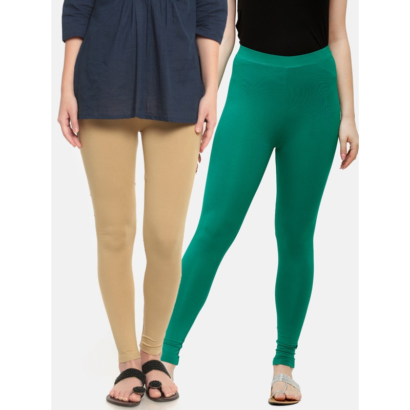Pack of 2  Ladies Superior Ankle Leggings Skin&Emerald Green