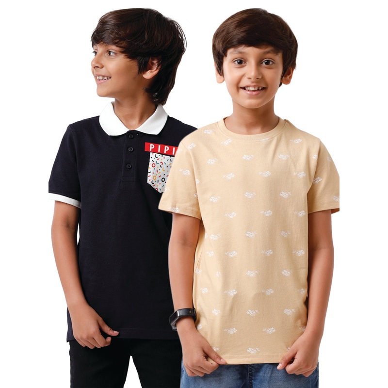 Pack of 2 Pipin Boys T-shirt Dark Navy Blue & Almond Sand