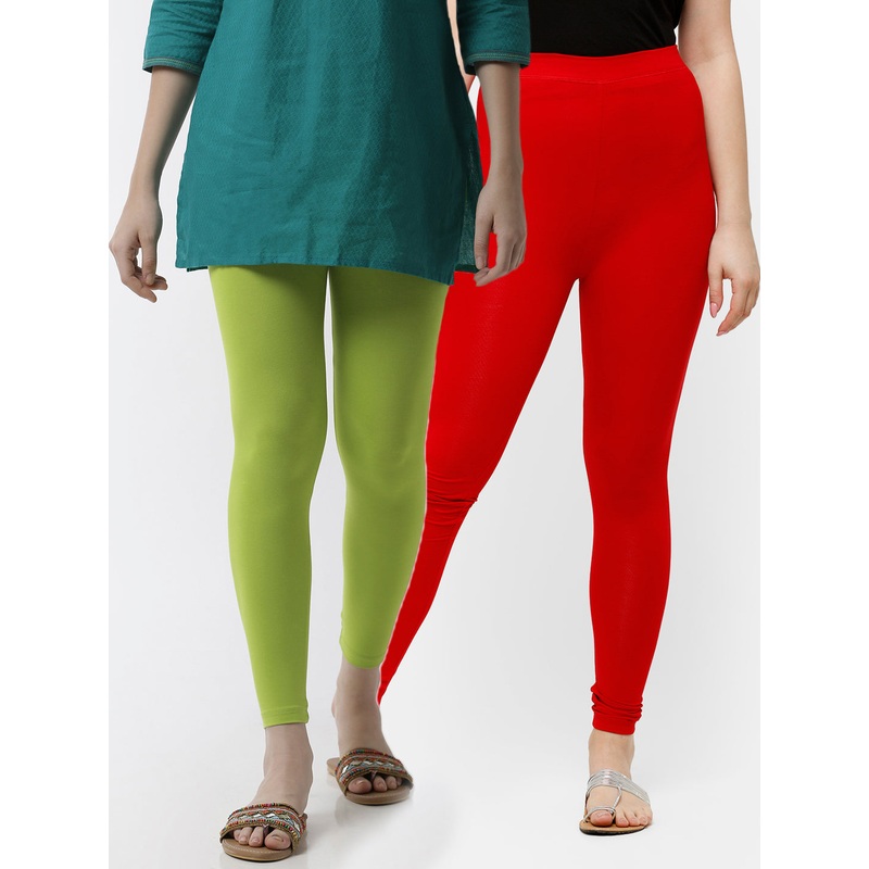 Superior Ankle Length Leggings Combo Pack of 2 Lime&True Red