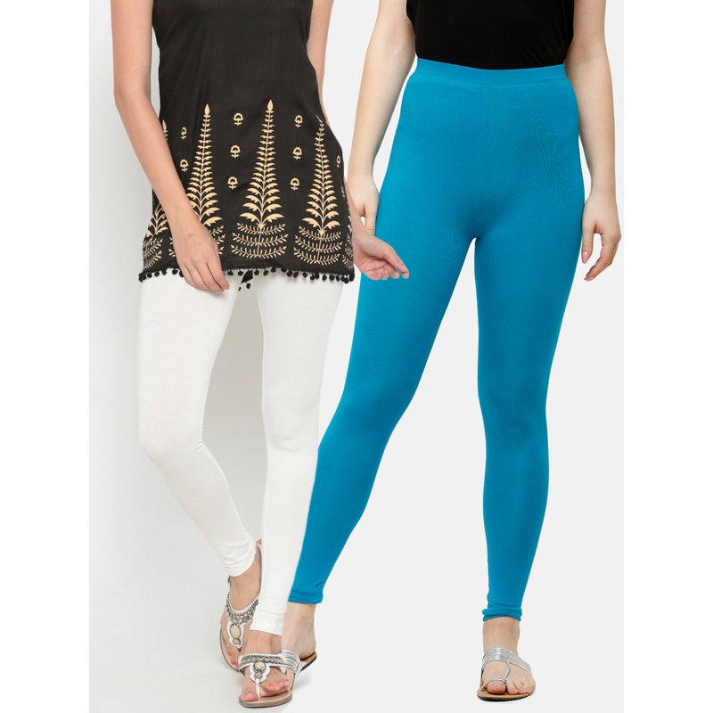 Superior Ankle Length Leggings Combo Pack of 2 Offwhite&Teal