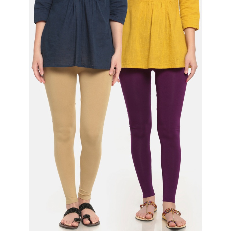 Superior Ankle Length Leggings Combo Pack of 2 Skin&Dark Purple