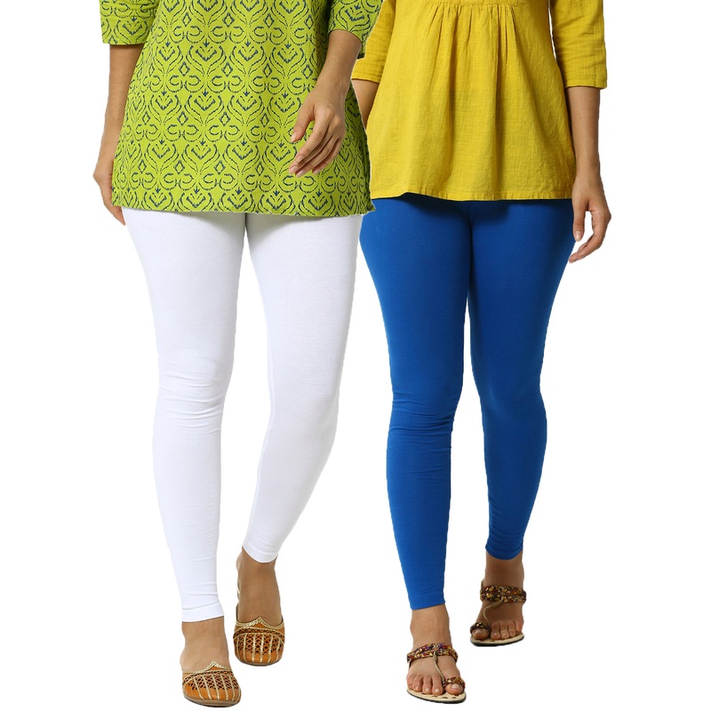 Superior Ankle Length Leggings Combo Pack of 2 White&Cobalt