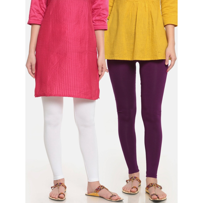 Superior Ankle Length Leggings Combo Pack of 2 White&Dark Purple