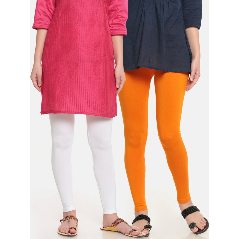 Superior Ankle Length Leggings Combo Pack of 2 White&Dark Yellow