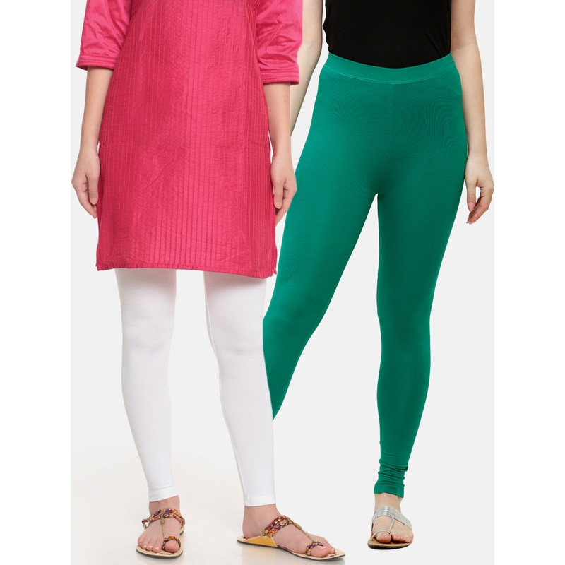 Superior Ankle Length Leggings Combo Pack of 2 White&Emerald Green