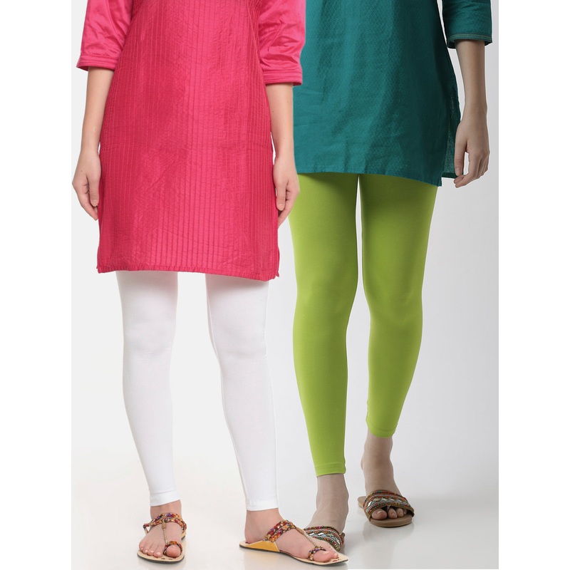 Superior Ankle Length Leggings Combo Pack of 2 White&Lime