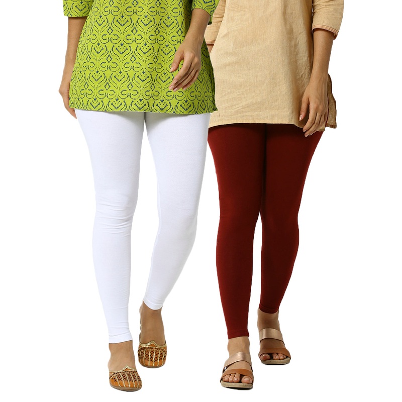 Superior Ankle Length Leggings Combo Pack of 2 White&Maroon