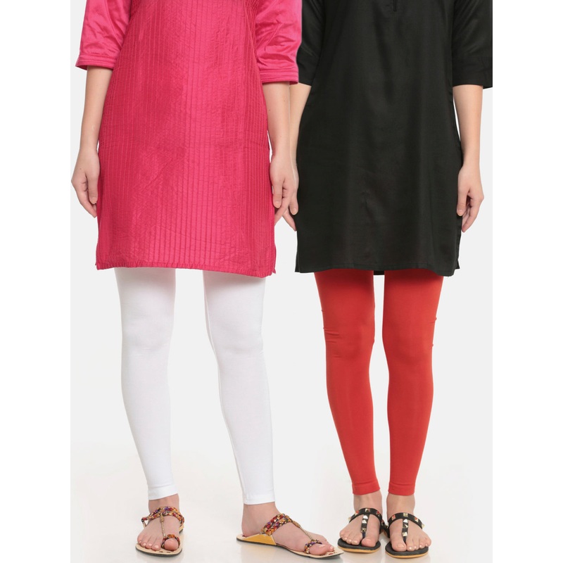 Superior Ankle Length Leggings Combo Pack of 2 White&Rust Orange