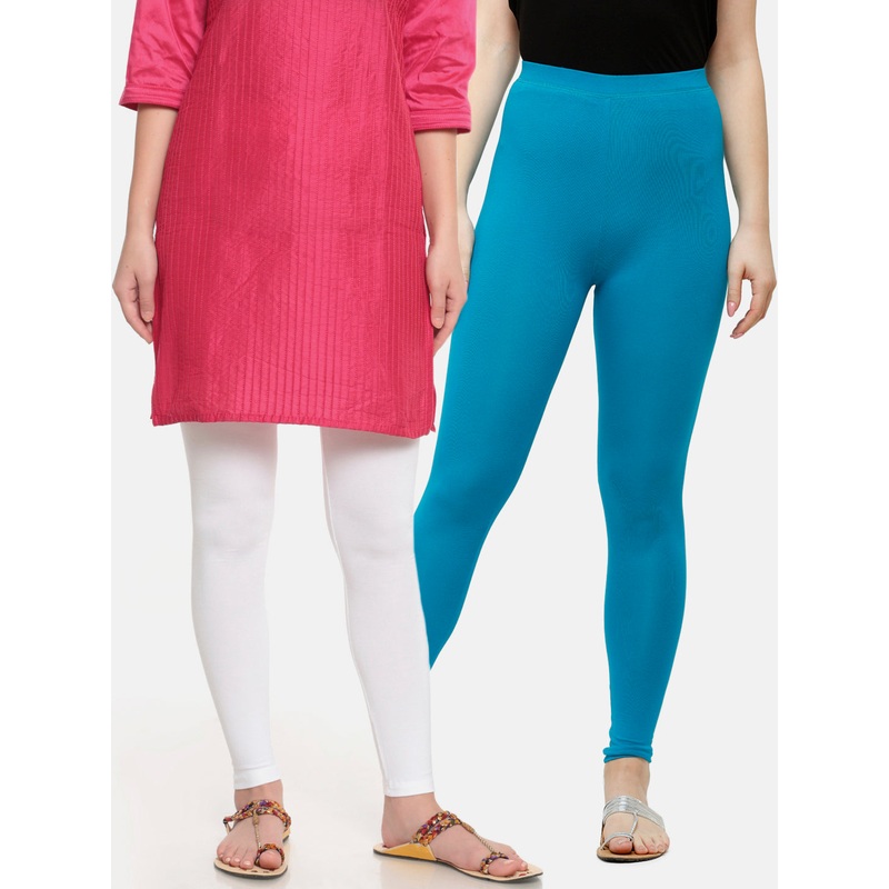 Superior Ankle Length Leggings Combo Pack of 2 White&Teal