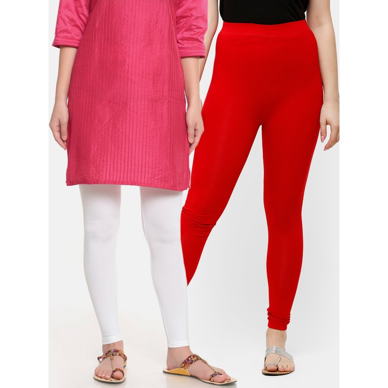 Superior Ankle Length Leggings Combo Pack of 2 White&True Red
