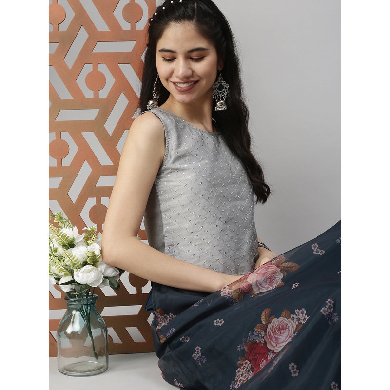 Womens Embroidery Crop Top Grey