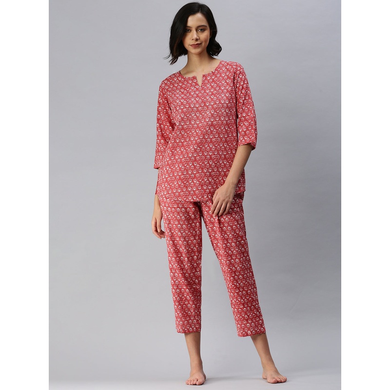 Ladies Printed Pyjama Set Dark Coral