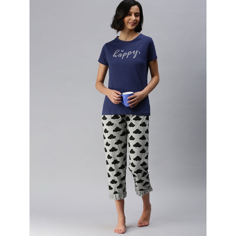 Ladies Printed Pyjama Set Grey Melange