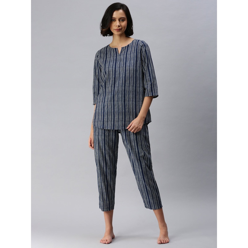 Ladies Printed Pyjama Set Navy Blue