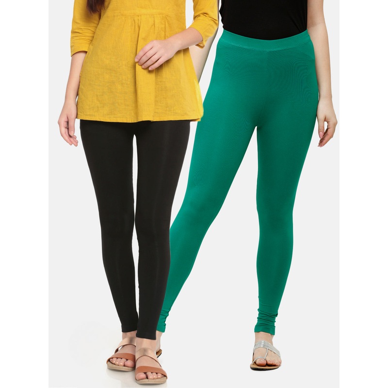 Pack of 2  Ladies Superior Ankle Leggings Black&Emerald Green