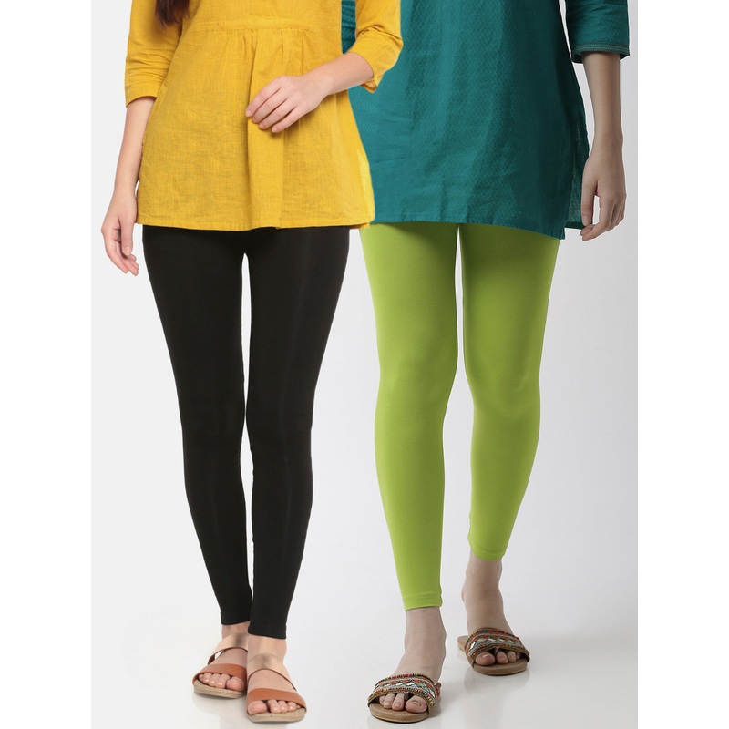 Pack of 2  Ladies Superior Ankle Leggings Black&Lime