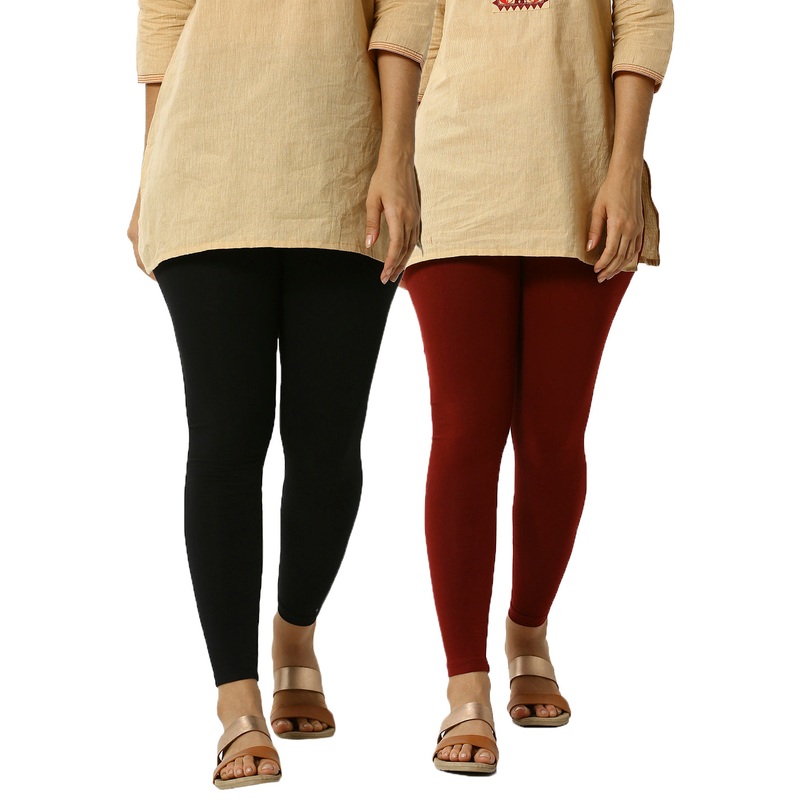 Pack of 2  Ladies Superior Ankle Leggings Black&Maroon