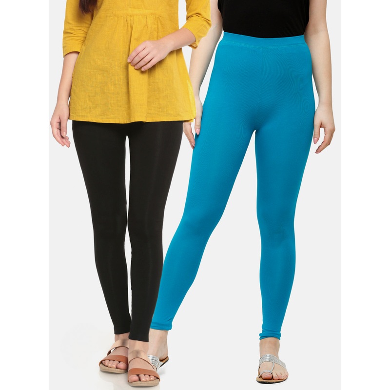 Pack of 2  Ladies Superior Ankle Leggings Black&Teal